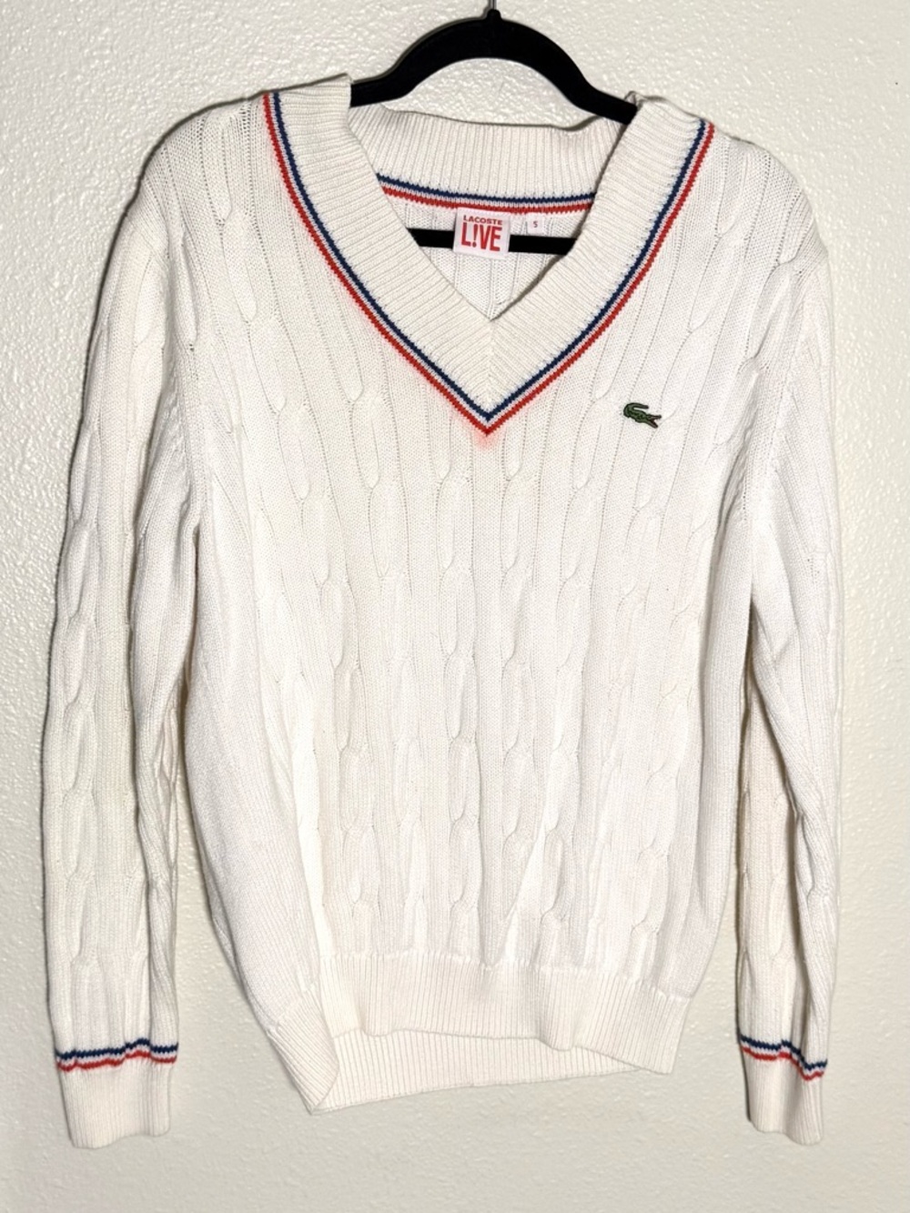 Lacoste L!ve Unisex V-Neck Striped-Trim Cable-Knit Sweater in white